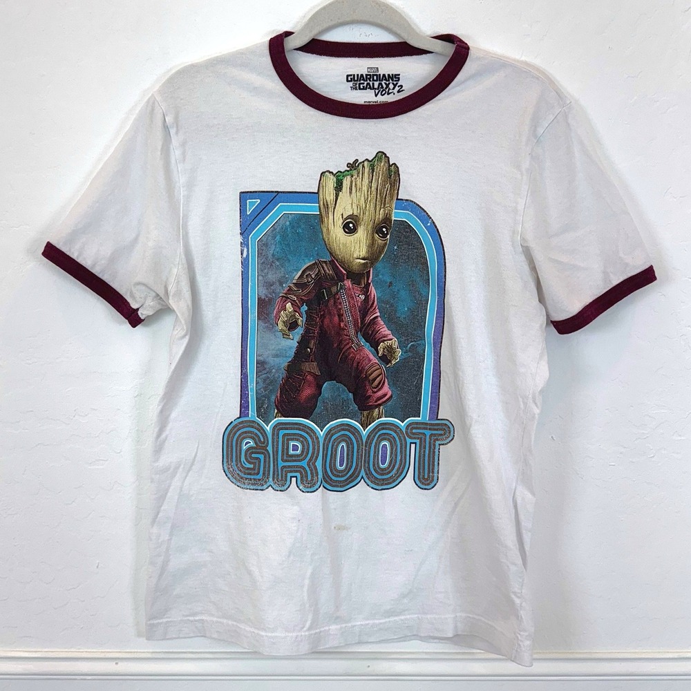 Marvel Guardians‎ of the Galaxy Groot Graphic T Shirt White Burgundy Ringer | M
